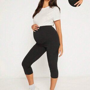 Womens Black Maternity Adjustable Waist Capri Leggings